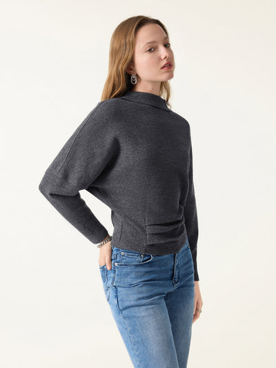 Cozy Ribbed Mockneck Tucked Batwing Long Sleeve Top