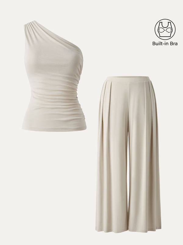 OGLmove 2Pcs Set Regular Wide Leg Palazzo Pant with Pockets & Ruched Bra Tank