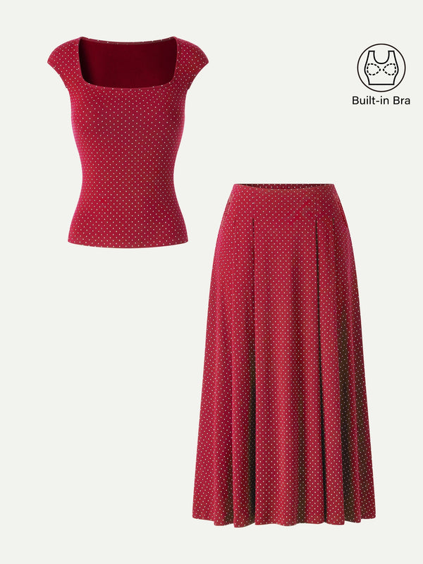 OGLmove 2Pcs Set Square Neck Bra Top & Midi Skirt with Pockets