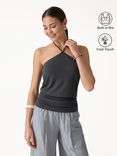 OGLmove CoolTouch Halter Ruched Hem Bra Top Blue Charcoal XS
