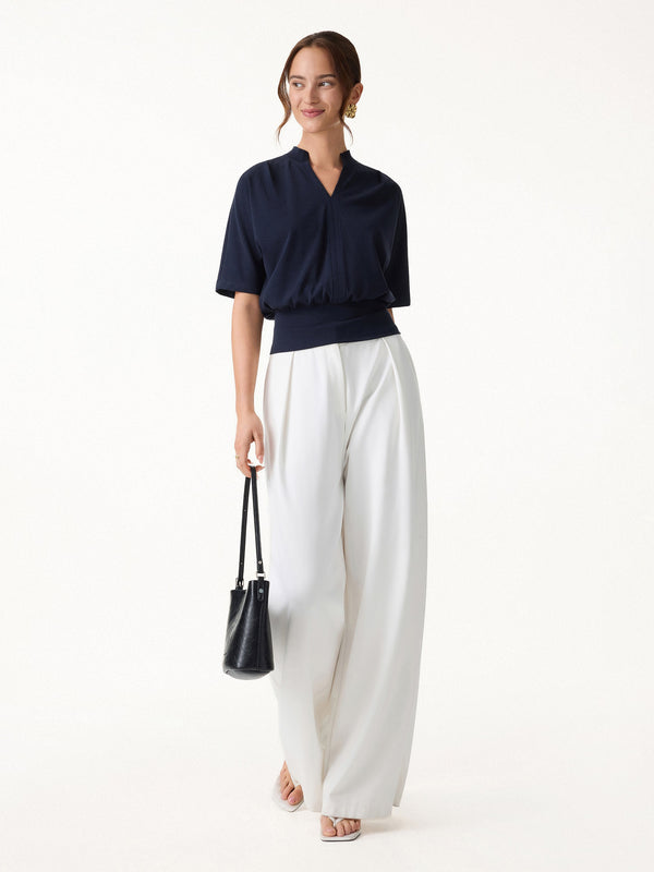 OGLmove 2Pcs Set Stand Collar V-Neck Top & Tailored Shorts with Pockets