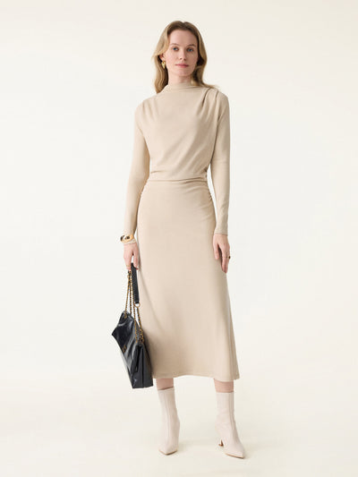 ProWarm Ruched Mockneck Fit-and-Flare Midi Dress