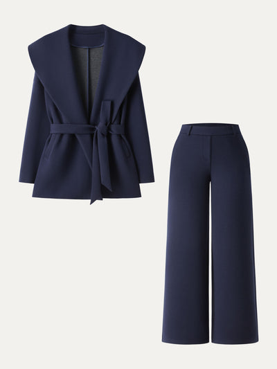 2Pcs Set Petite Straight Pants with Pockets & Belted Shawl Collar Robe Jacket