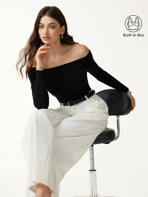 OGLmove Non-Slip Off-Shoulder Long Sleeve Bra Top Black XXS
