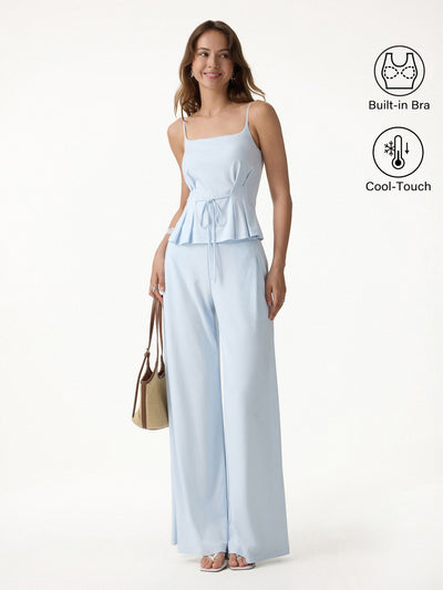 OGLmove 2Pcs Set Spaghetti Brami & Wide Leg Pants with Pockets Blue Air XS