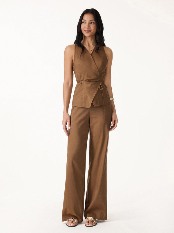 OGLmove Stretch Linen Wrap Top with Self-Tie