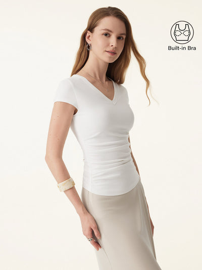 OGLmove 2Pcs Set Elevated V-neck Side Ruched Cap Sleeve Brami Tee