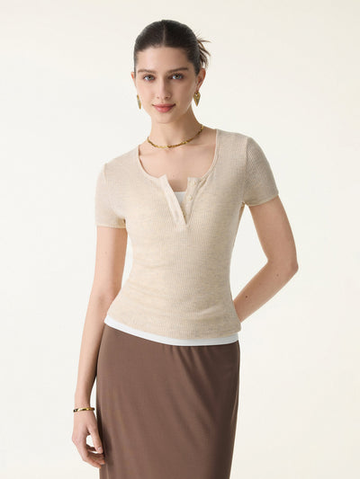 Ribbed Scoop Henley Neck Wasit-Defining Top Heather Pinky Mist XS