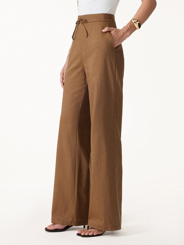 OGLmove Linen Drawstring Wide Leg Pant with Pockets Regular Tree Brown