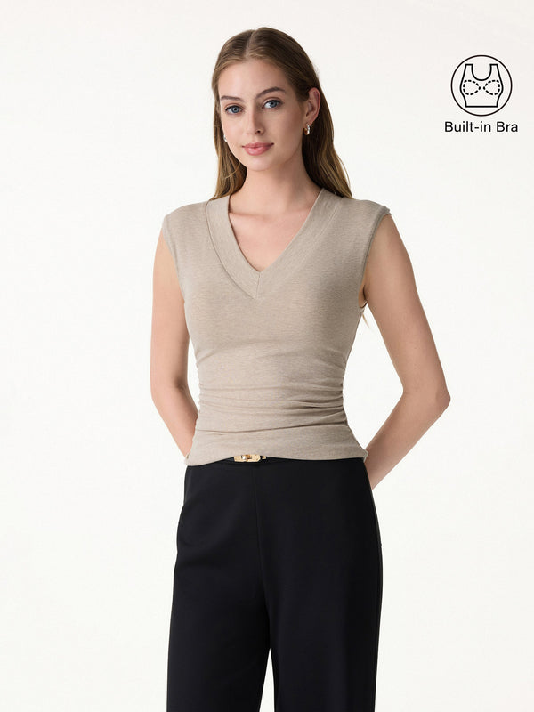 OGLmove Sweat-Wicking V-Neck Wide Shoulder Ruched Bra Top Heather Oatmeal XS