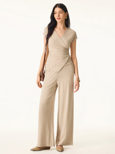 2Pcs Set Lyocell Wool Surplice Cap Sleeve Top & Mid Rise Wide Leg Pants with Pockets