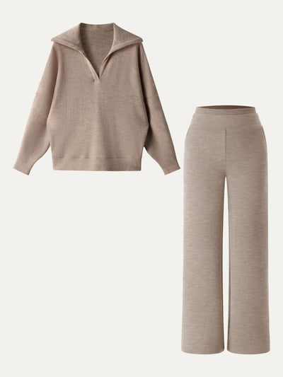 2Pcs Set Regular Double Waistband Straight Pants & V-Neck Batwing Sleeve Pullover