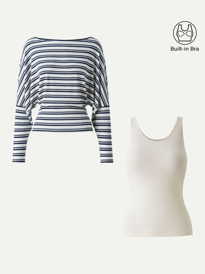 2Pcs Set U-Neck Brami Tank & Striped Boatneck Batwing Sleeves Top