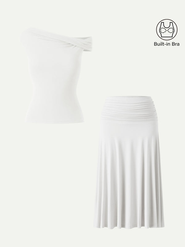 OGLmove 2Pcs Set Multi-wear Bra Top & Side Ruched A-line Midi Skirt