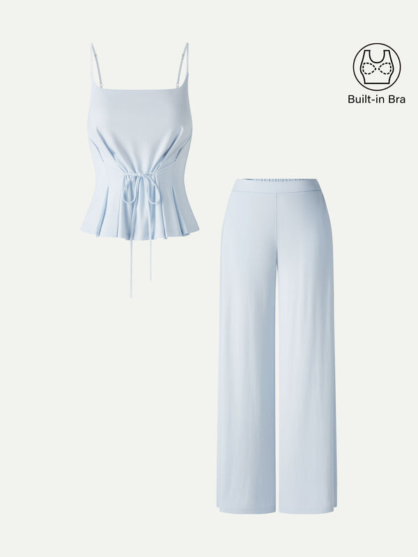 OGLmove 2Pcs Set Spaghetti Brami & Wide Leg Pants with Pockets