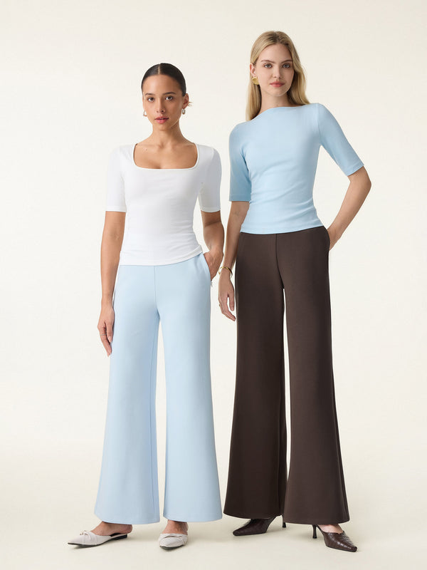 Stretch Cotton Blend High Rise Flared Pull-on Pants