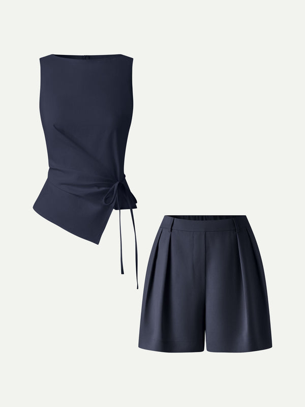 OGLmove 2Pcs Set Boatneck Waist-Defined Top & Tailored Shorts with Pockets