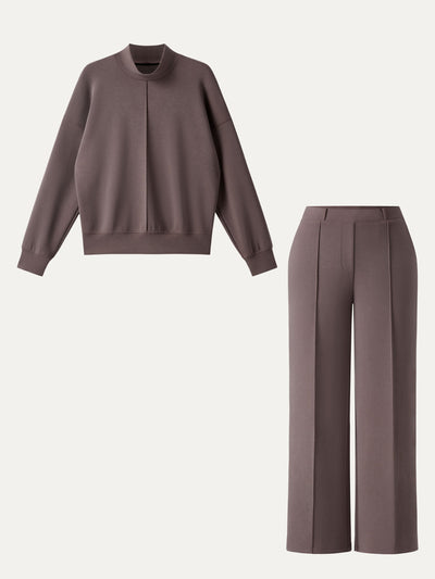 2Pcs Set Petite Mid Rise Straight Leg Pants with Pockets & Mockneck Pullover Shirt