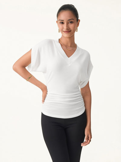 OGLmove Semi-sheer Lyocell Cashmere Blend V-neck Short Sleeve Side Ruched Tee White XS