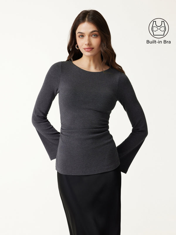 OGLmove Round Neck Bell Sleeve Ruched Bra Top Heather Night Charcoal XXS