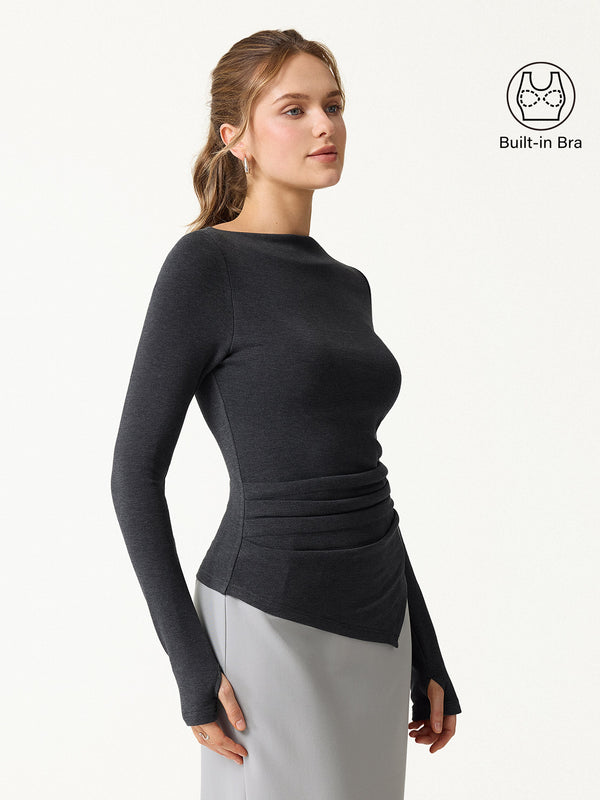 OGLmove ProWarm Boatneck Side Tucks Asymmetrical Brami Heather Night Charcoal XXS