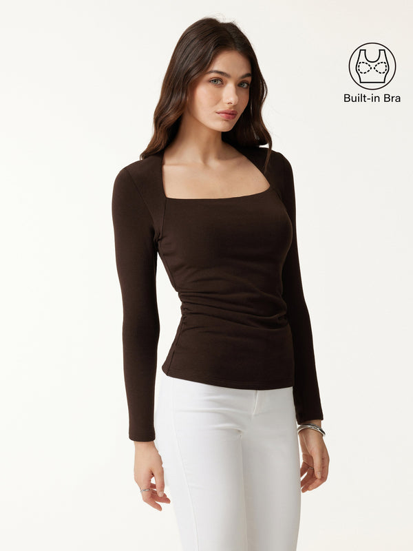 OGLmove Trapeze Neck Long Sleeve Ruched Bra Top Espresso Shut XXS