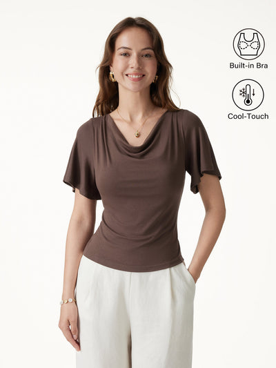 OGLmove CoolTouch Cowl Neck Flutter Sleeve Bra Top Chocolate Brown XS