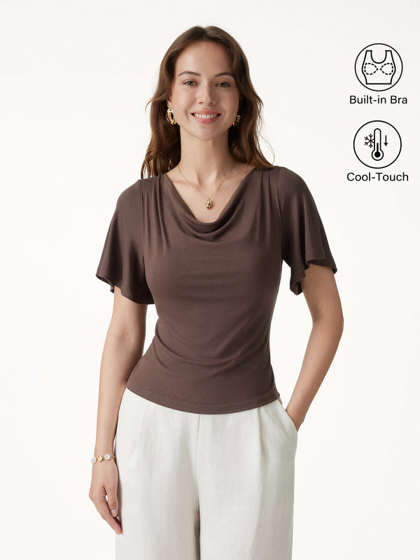 OGLmove CoolTouch Cowl Neck Flutter Sleeve Bra Top Chocolate Brown XS