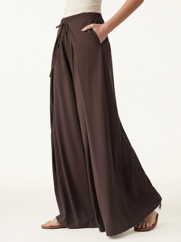 OGLmove Bamboo Ponte Wrap-tie Palazzo Pant with Pockets Walnut XS