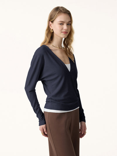 Non-Itch Lyocell Wool Relaxed V-Neck Batwing Sleeve Top