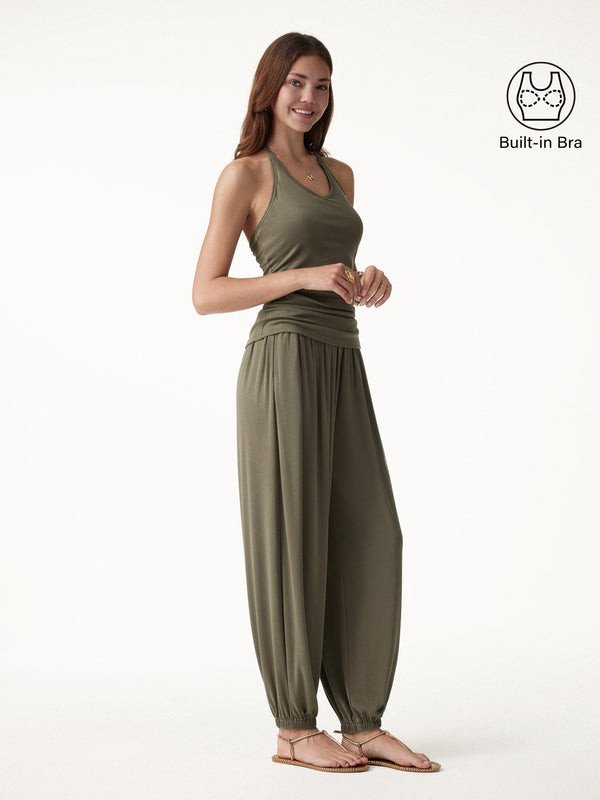 OGLmove 2Pcs Set Open Back Bra Top & Balloon Pants with Pockets