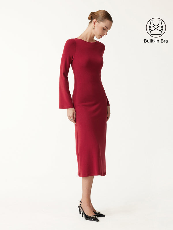OGLmove Eco-Mousse® Boatneck Bell Sleeve Midi Bra Dress Brick XXS