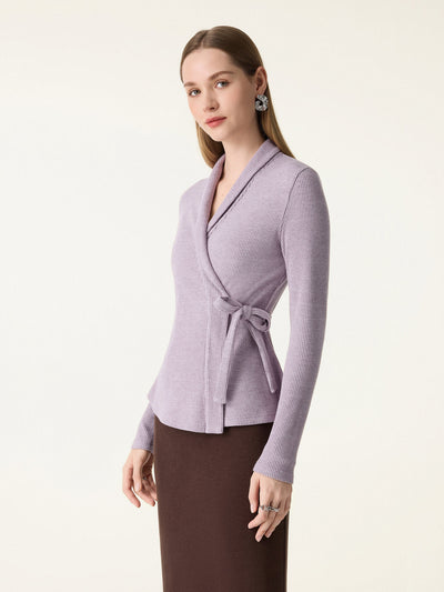 Rib Knit Self-tie Wrap Shirt