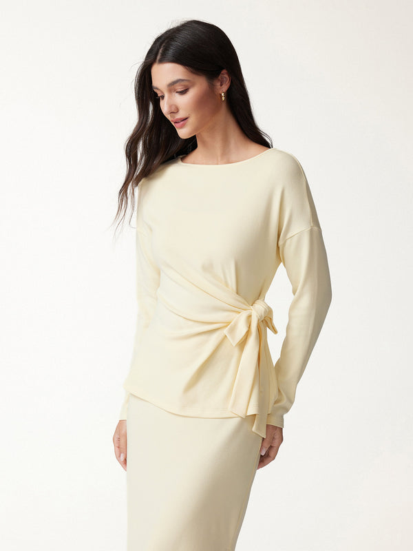 OGLmove Boatneck Long Sleeve Tie-Waist Top Butter Cream XXS
