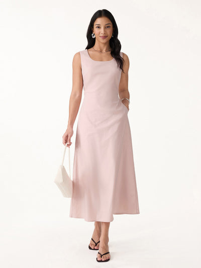 OGLmove Linen Blend U-Neck Maxi Dress with Pockets Tea Rose Pink XS