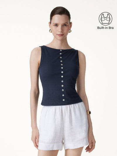 OGLmove Cotton-Linen Boatneck Cropped Bra Top Smoky Navy XS