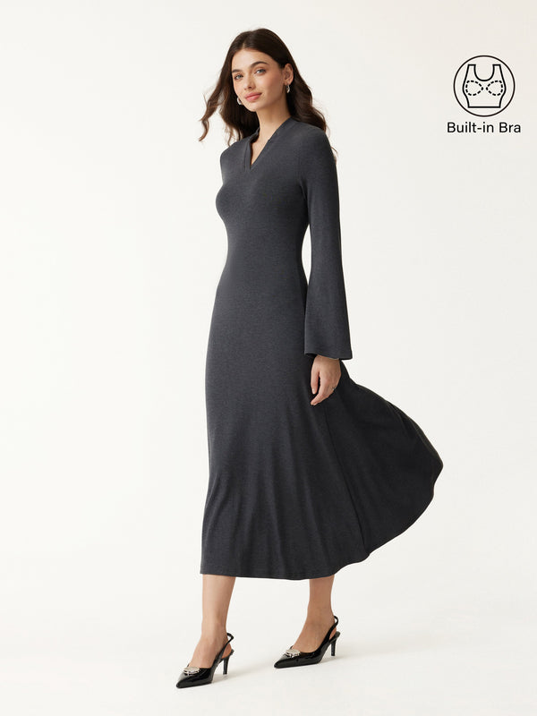 OGLmove Eco-Mousse® V-Neck Long Sleeve Flowy Midi Dress Heather Night Charcoal XXS