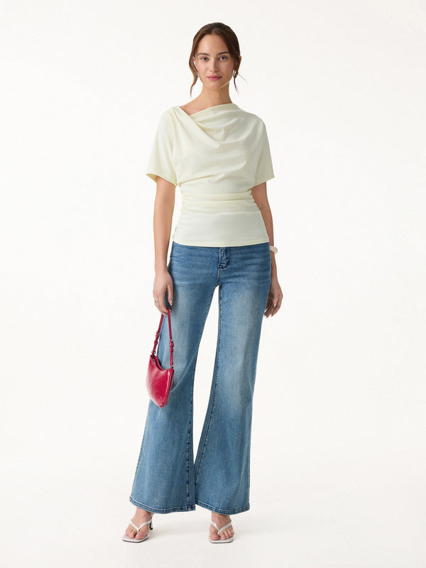 OGLmove 2Pcs Set Cowl Neck Ruched Top & Wide Leg Palazzo Pant with Pockets