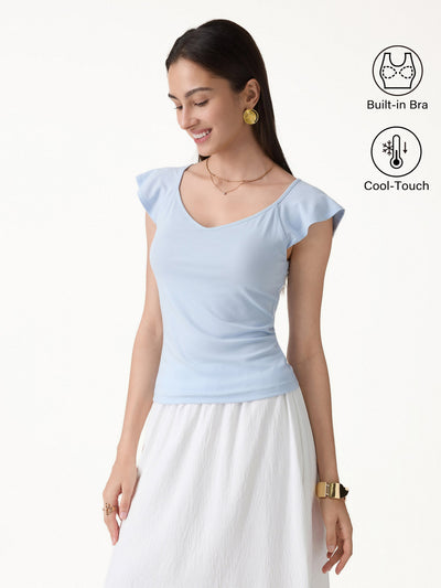 OGLmove Diamond Neck Flutter Sleeve Bra Top Dew Sky Blue XS