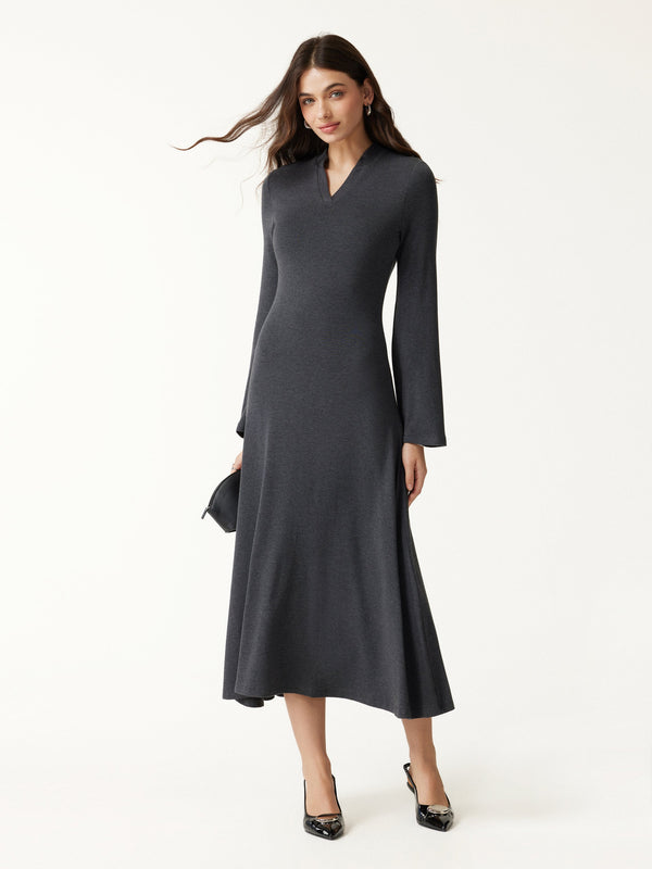 OGLmove Eco-Mousse® V-Neck Long Sleeve Flowy Midi Dress