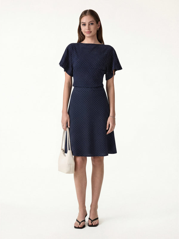 OGLmove 2Pcs Set Boatneck Flutter Sleeves Polka Dot Top & A-Line Flare Skirt Limited Edition Navy/White Polka Dot XS
