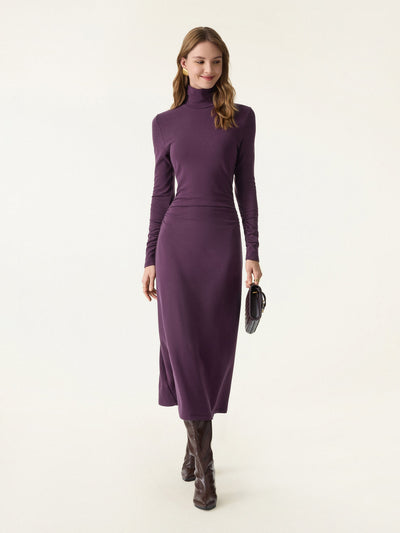 ProWarm Turtleneck Ruched Sleeve Midi Dress