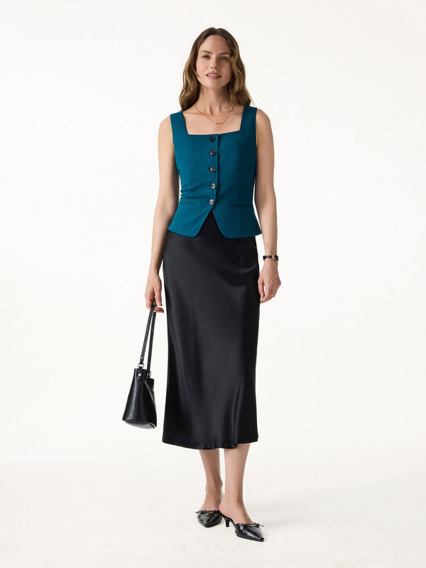 OGLmove 2Pcs Set Square Neck Waistcoat with Pockets & Wide Leg Ankled Pant