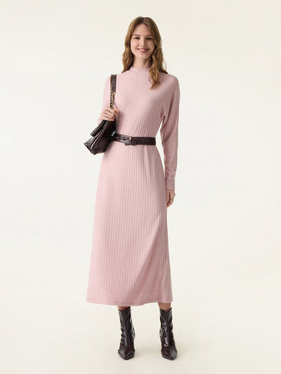 Wide Ribbed Perkins Collar Batwing Sleeve Midi Dress