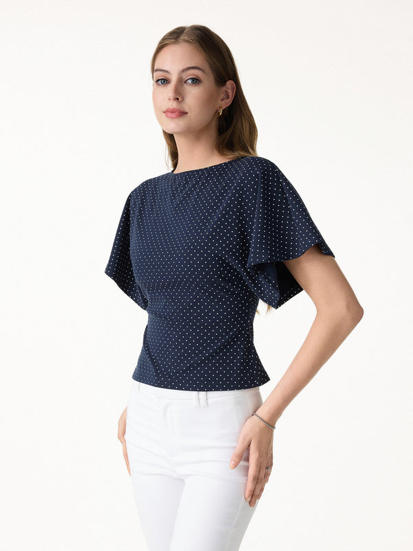 OGLmove Soft Stretch Cotton Boatneck Flutter Sleeves Polka Dot Top Limited Edition Navy/White Polka Dot XS
