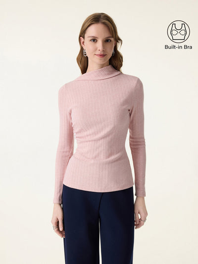 Wide Ribbed Asymmetrical Mockneck Ruched Brami