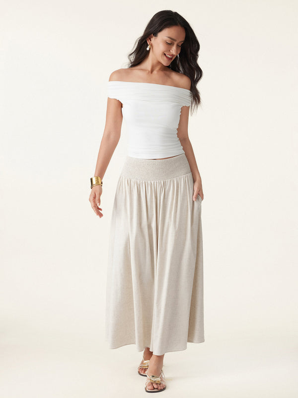 OGLmove European Linen Smocked Waist Skirt with Pockets Linen Ivory XS