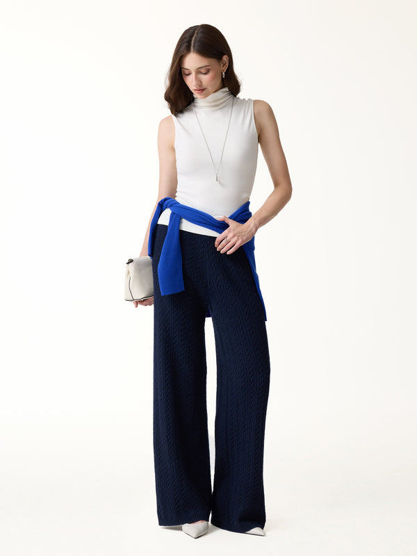 OGLmove Merino-Blend Cable-Knit Wide-Leg Pants with Pockets