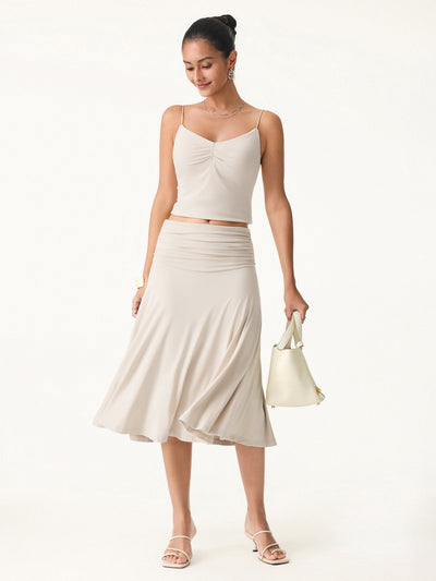 OGLmove 2Pcs Tie Back Bandless Bra Tank & Side Ruched A-line Midi Skirt