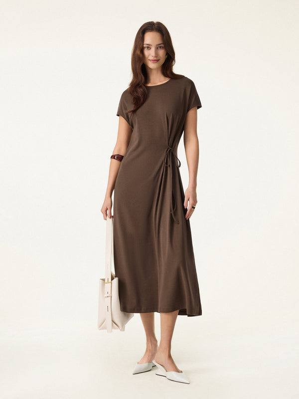 OGLmove Cotton Lyocell Easy Airy Midi Dress with Self-Tie Brunette XS